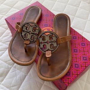 Tory Burch Metal Miller Embellished Sandal in Tan Size 6.5